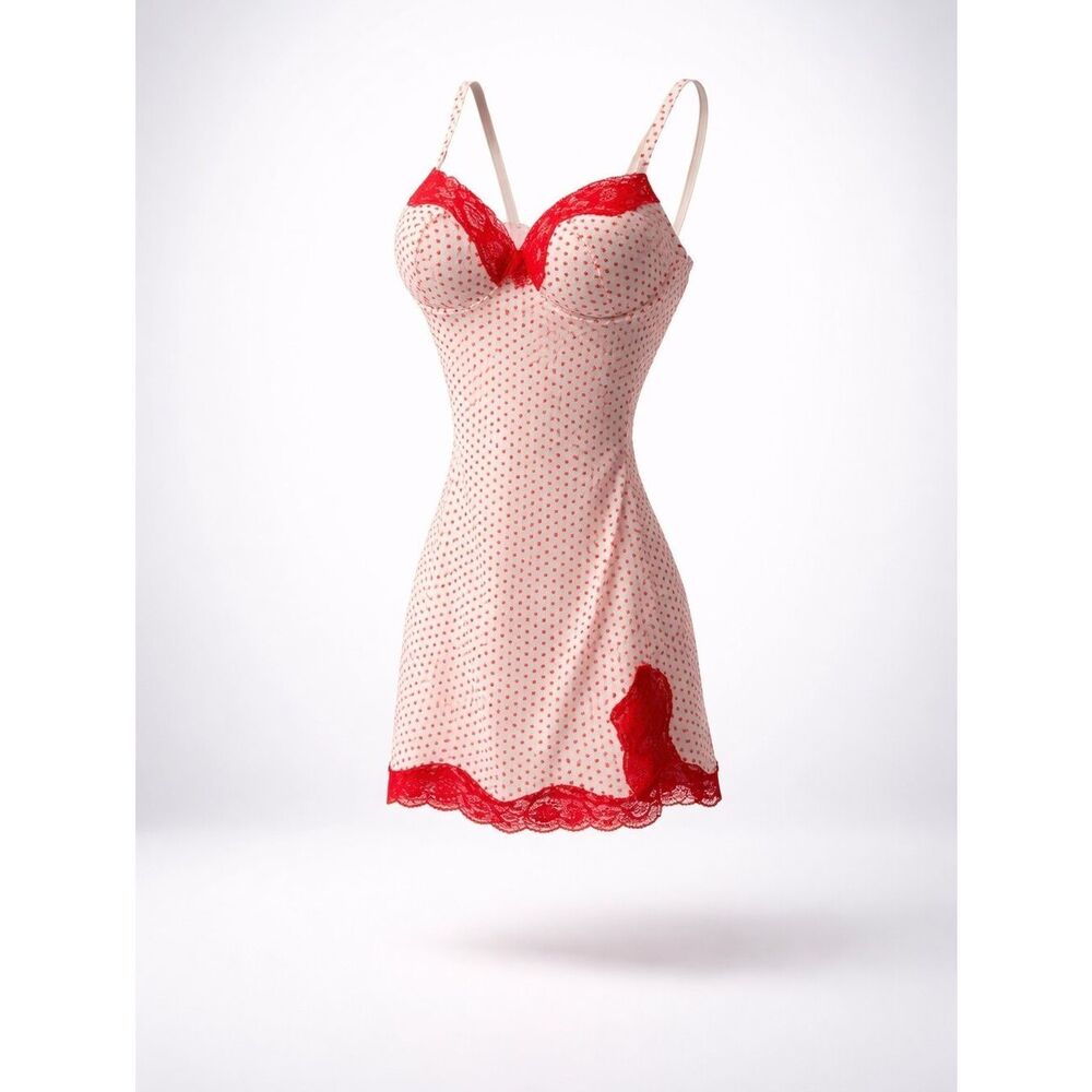 Pink Slip with Red Lace & Polka Dot Detail